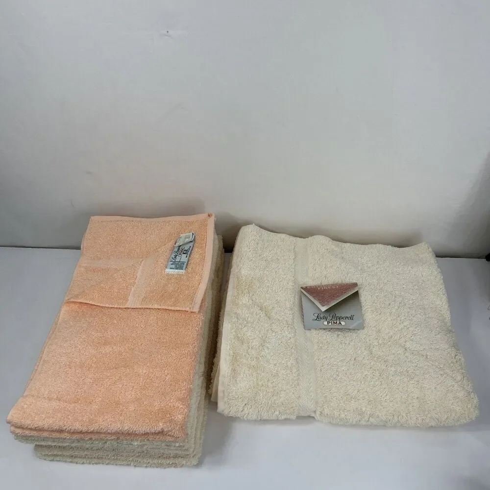 80’s Lady Pepperell Pima Cotton Bath Hand Towel Set Of 6 Peach Yellow Vtg NOS